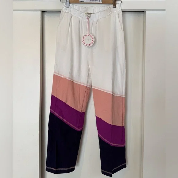 Umgee White Sweatpants Colorblock 100% Cotton Magenta Mix - Picture 2 of 8